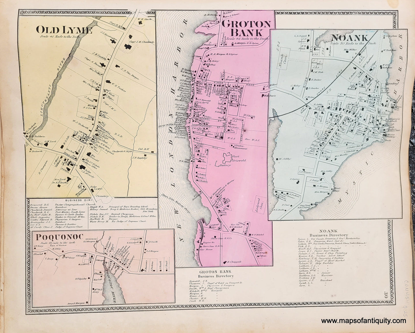 Genuine-Antique-Map-Old-Lyme-village-center--Poquonoc-Groton-Bank-Noank-CT--1868-Beers-Ellis-Soule-Maps-Of-Antiquity
