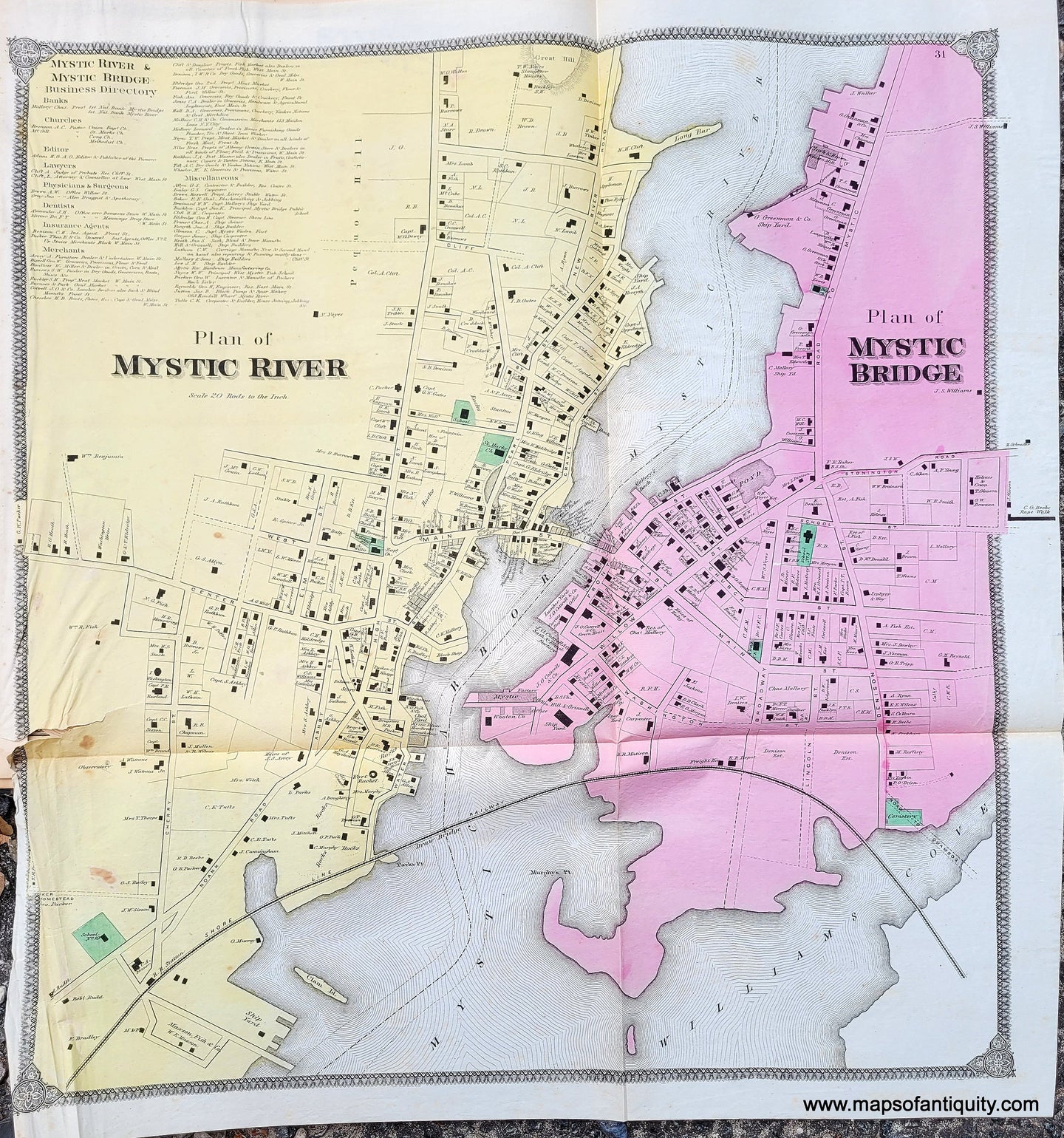 Genuine-Antique-Map-Plan-of-Mystic-River-Plan-of-Mystic-Bridge-CT--1868-Beers-Ellis-Soule-Maps-Of-Antiquity