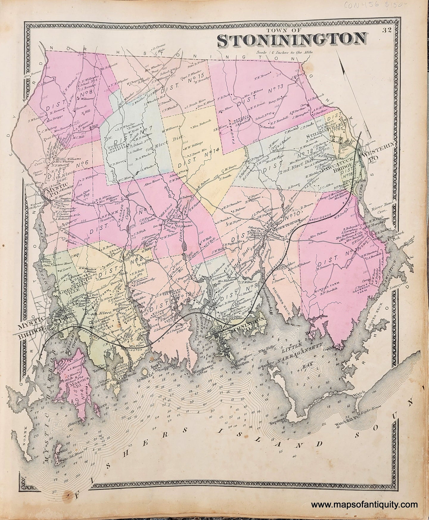 Genuine-Antique-Map-Town-of-Stonington-CT--1868-Beers-Ellis-Soule-Maps-Of-Antiquity