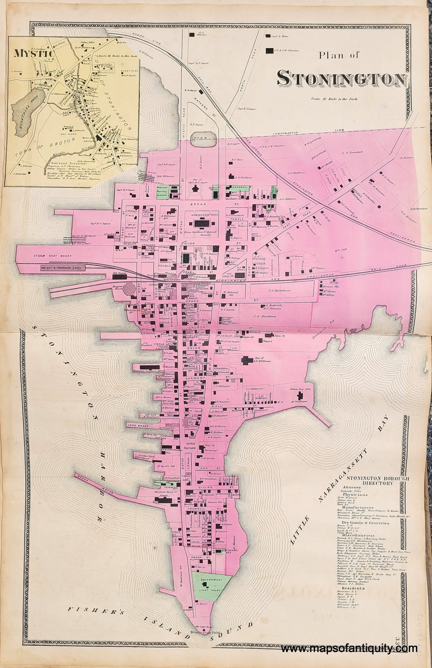 Genuine-Antique-Map-Plan-of-Stonington-center--CT--1868-Beers-Ellis-Soule-Maps-Of-Antiquity