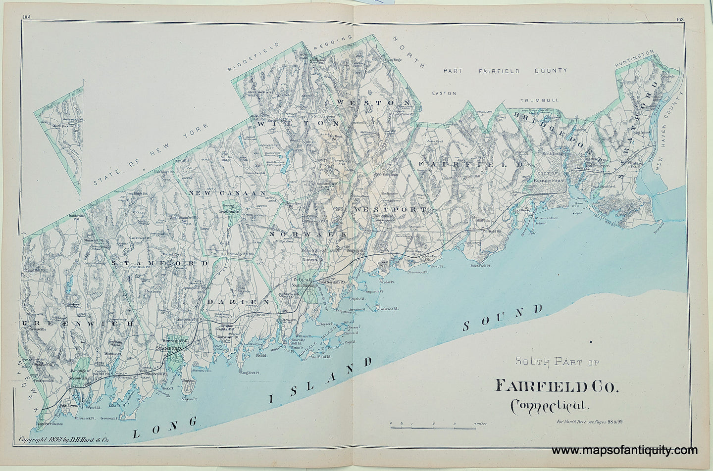 Antique-Hand-Colored-Map-South-Part-of-Fairfield-Co.-Connecticut--Connecticut--1893-D.H.-Hurd-Maps-Of-Antiquity