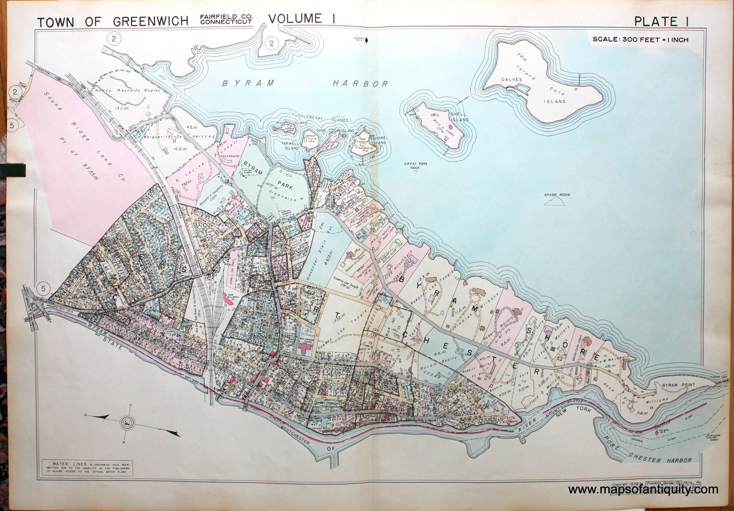 Genuine-Antique-Map-Part-of-Town-of-Greenwich-Fairfield-County-Connecticut-Plate-1-1938-Franklin-Survey-Company-Maps-Of-Antiquity