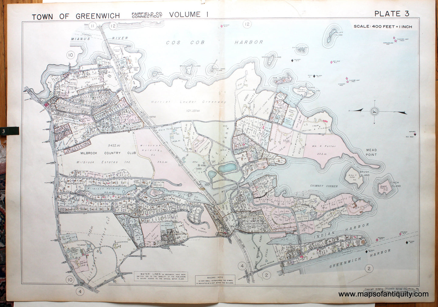 Genuine-Antique-Map-Part-of-Town-of-Greenwich-Fairfield-County-Connecticut-Plate-3-1938-Franklin-Survey-Company-Maps-Of-Antiquity