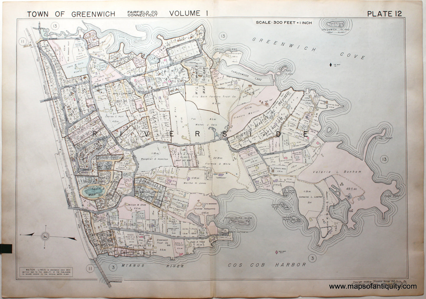 Genuine-Antique-Map-Part-of-Town-of-Greenwich-Fairfield-County-Connecticut-Plate-12-1938-Franklin-Survey-Company-Maps-Of-Antiquity