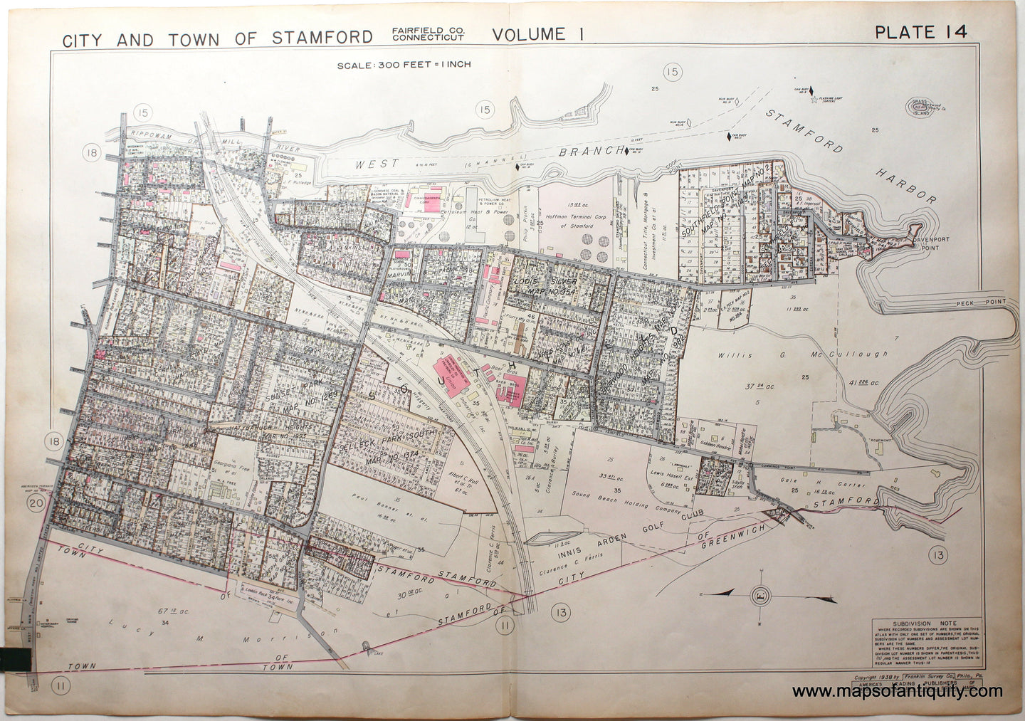 Genuine-Antique-Map-Part-of-City-and-Town-of-Stamford-Fairfield-County-Connecticut-Plate-14-1938-Franklin-Survey-Company-Maps-Of-Antiquity