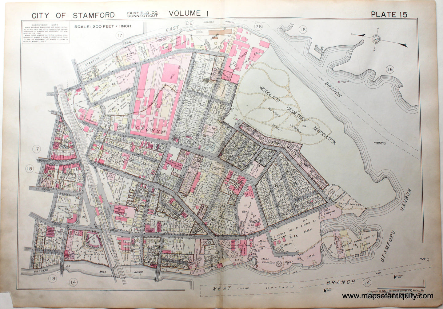 Genuine-Antique-Map-Part-of-City-of-Stamford-Fairfield-County-Connecticut-Plate-15-1938-Franklin-Survey-Company-Maps-Of-Antiquity