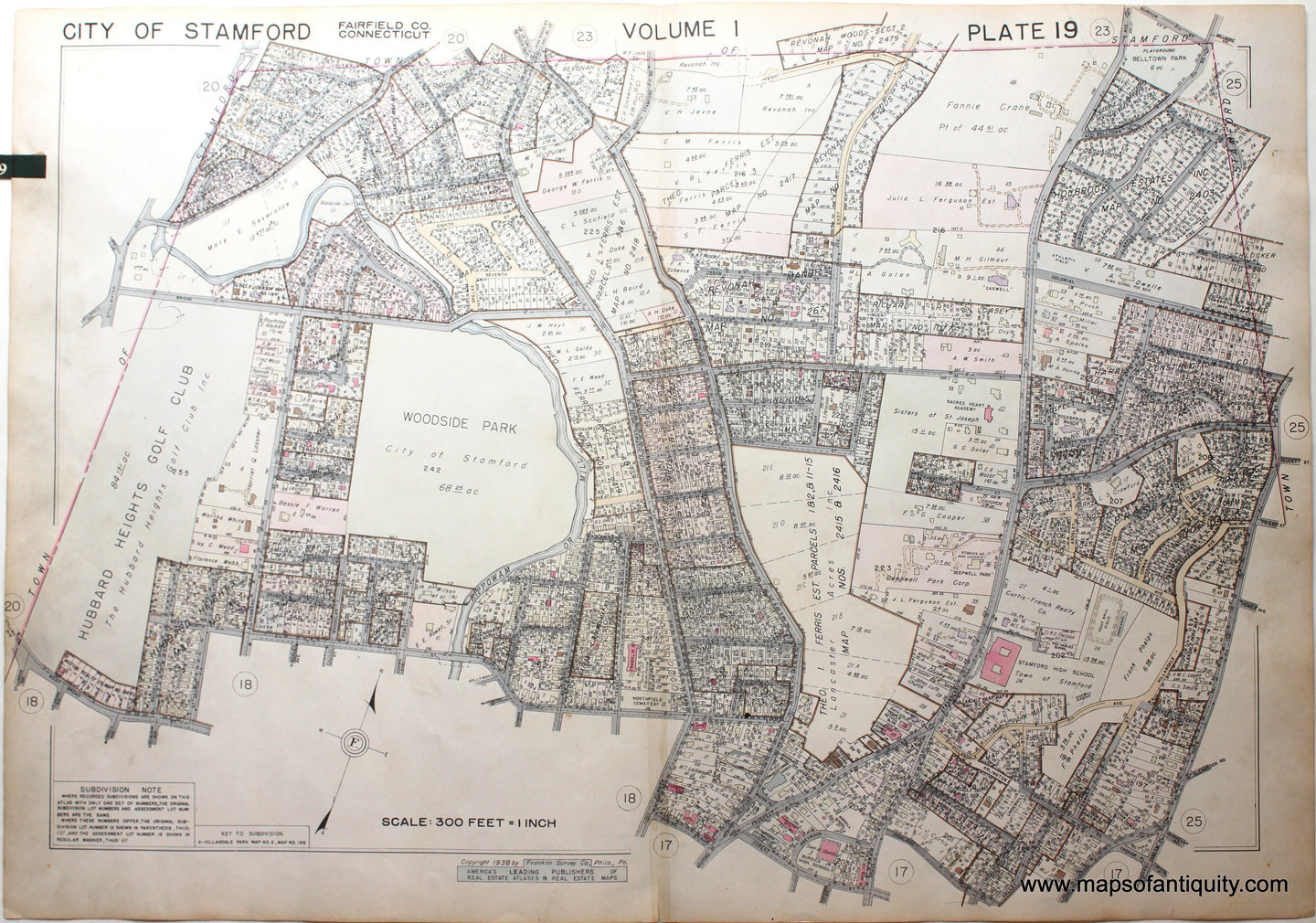 Genuine-Antique-Map-Part-of-City-of-Stamford-Fairfield-County-Connecticut-Plate-19-1938-Franklin-Survey-Company-Maps-Of-Antiquity