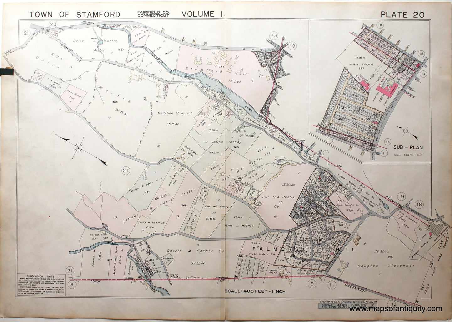 Genuine-Antique-Map-Part-of-Town-of-Stamford-Fairfield-County-Connecticut-Plate-20-1938-Franklin-Survey-Company-Maps-Of-Antiquity