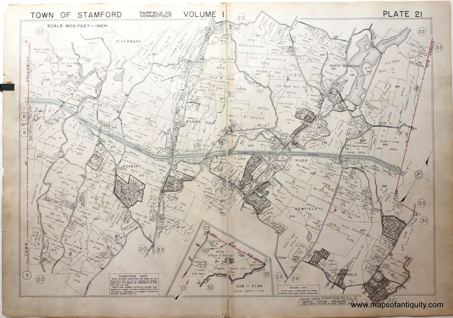 Genuine-Antique-Map-Part-of-Town-of-Stamford-Fairfield-County-Connecticut-Plate-21-1938-Franklin-Survey-Company-Maps-Of-Antiquity