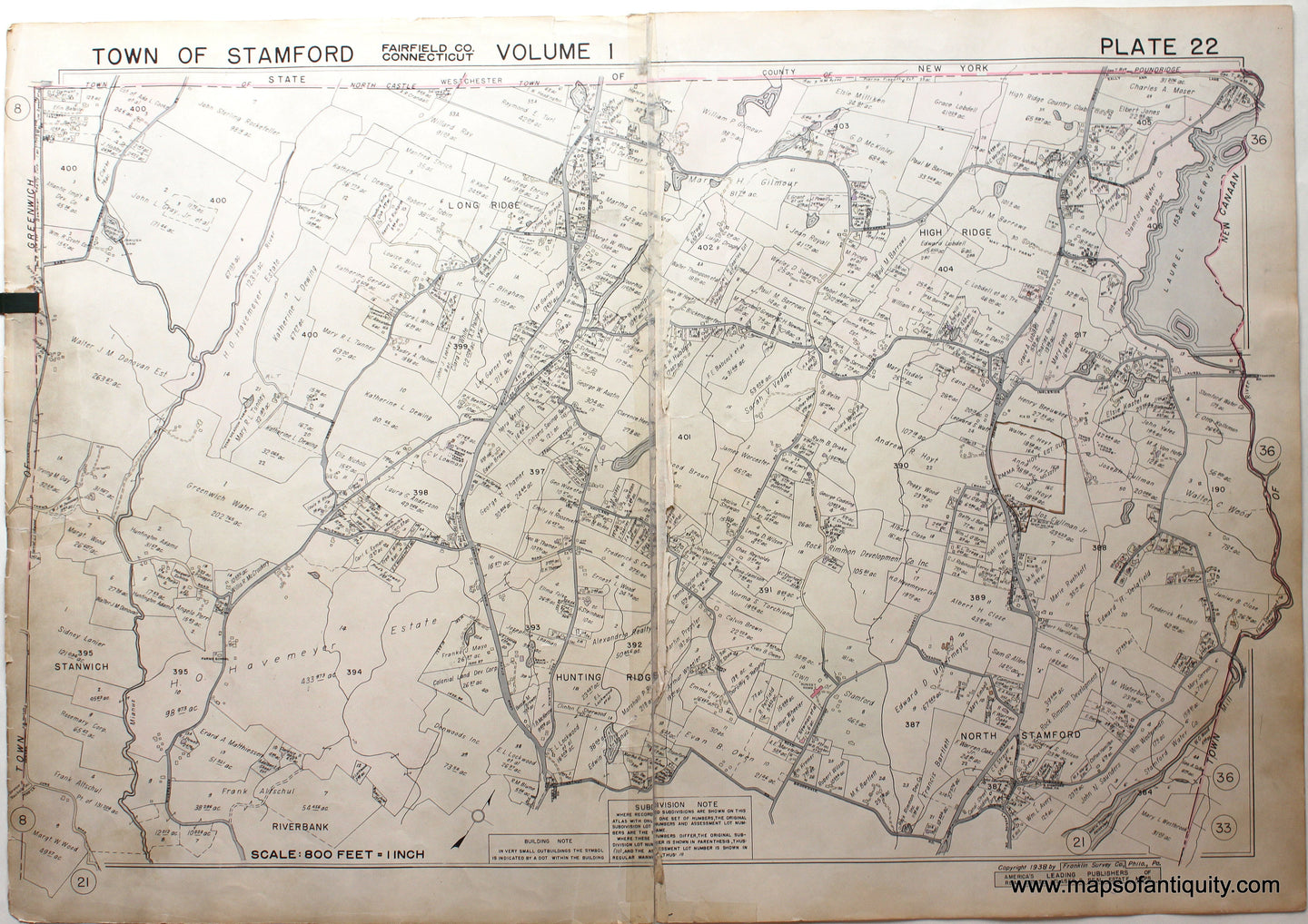 Genuine-Antique-Map-Part-of-Town-of-Stamford-Fairfield-County-Connecticut-Plate-22-1938-Franklin-Survey-Company-Maps-Of-Antiquity