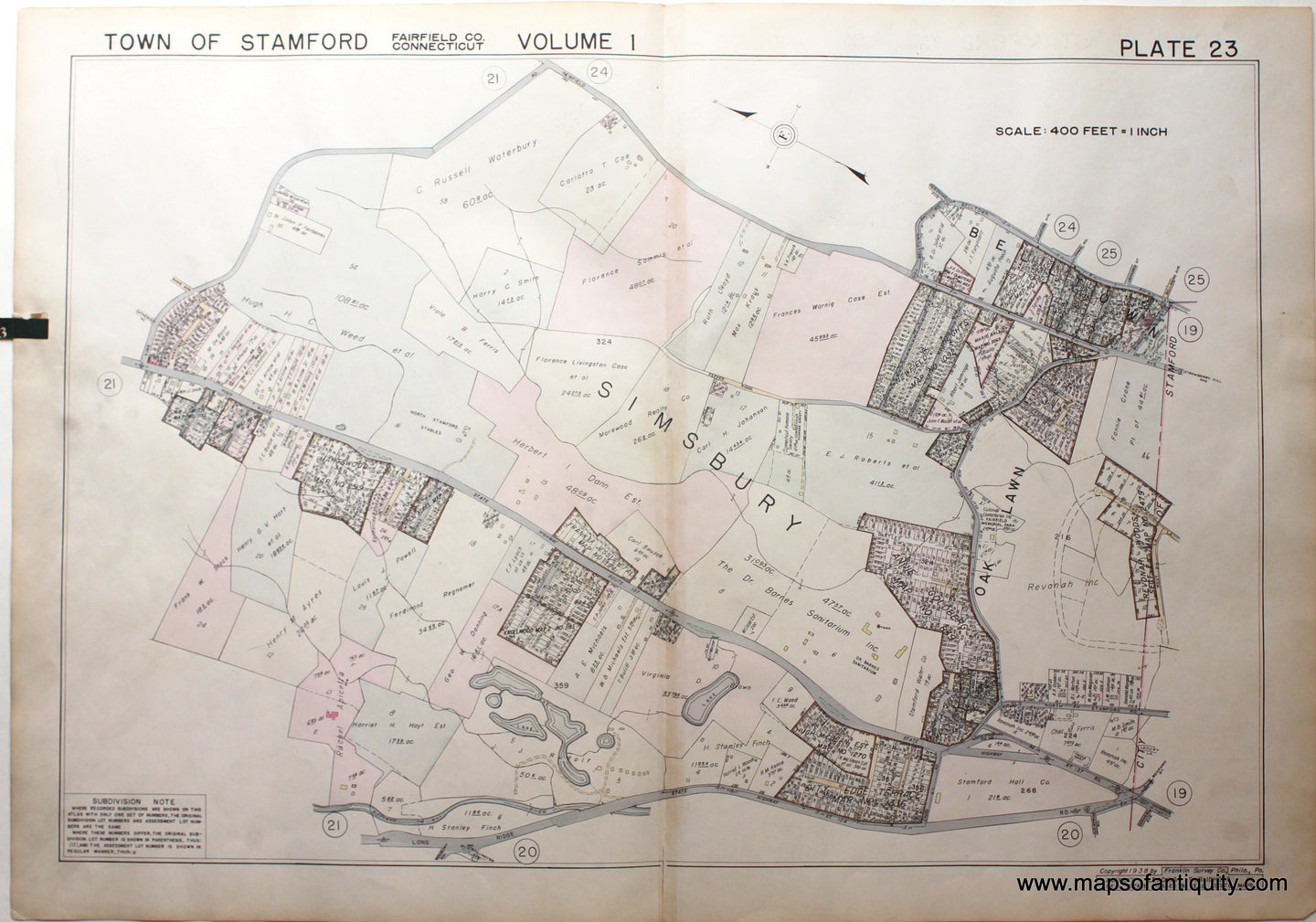 Genuine-Antique-Map-Part-of-Town-of-Stamford-Fairfield-County-Connecticut-Plate-23-1938-Franklin-Survey-Company-Maps-Of-Antiquity