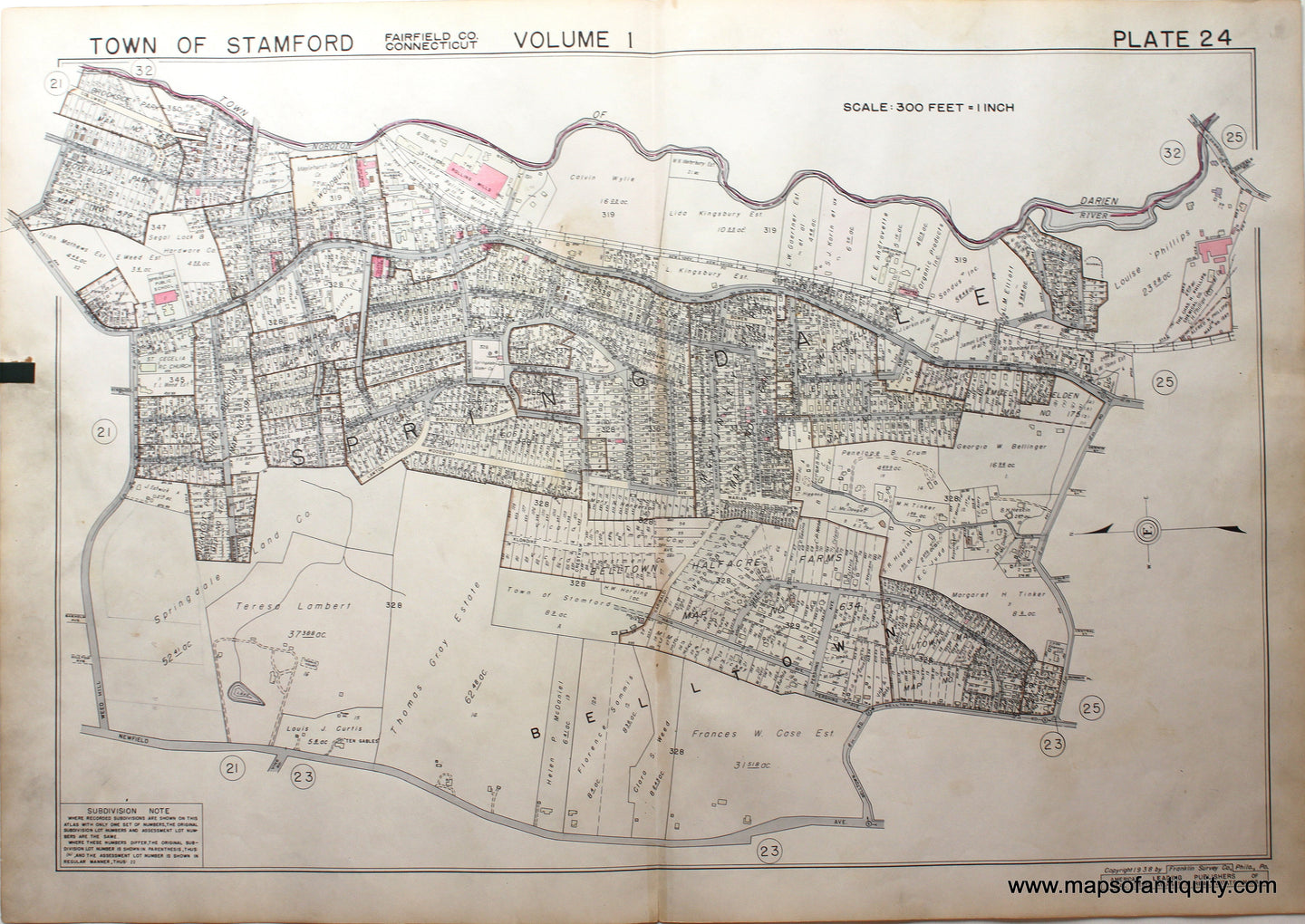 Genuine-Antique-Map-Part-of-Town-of-Stamford-Fairfield-County-Connecticut-Plate-24-1938-Franklin-Survey-Company-Maps-Of-Antiquity