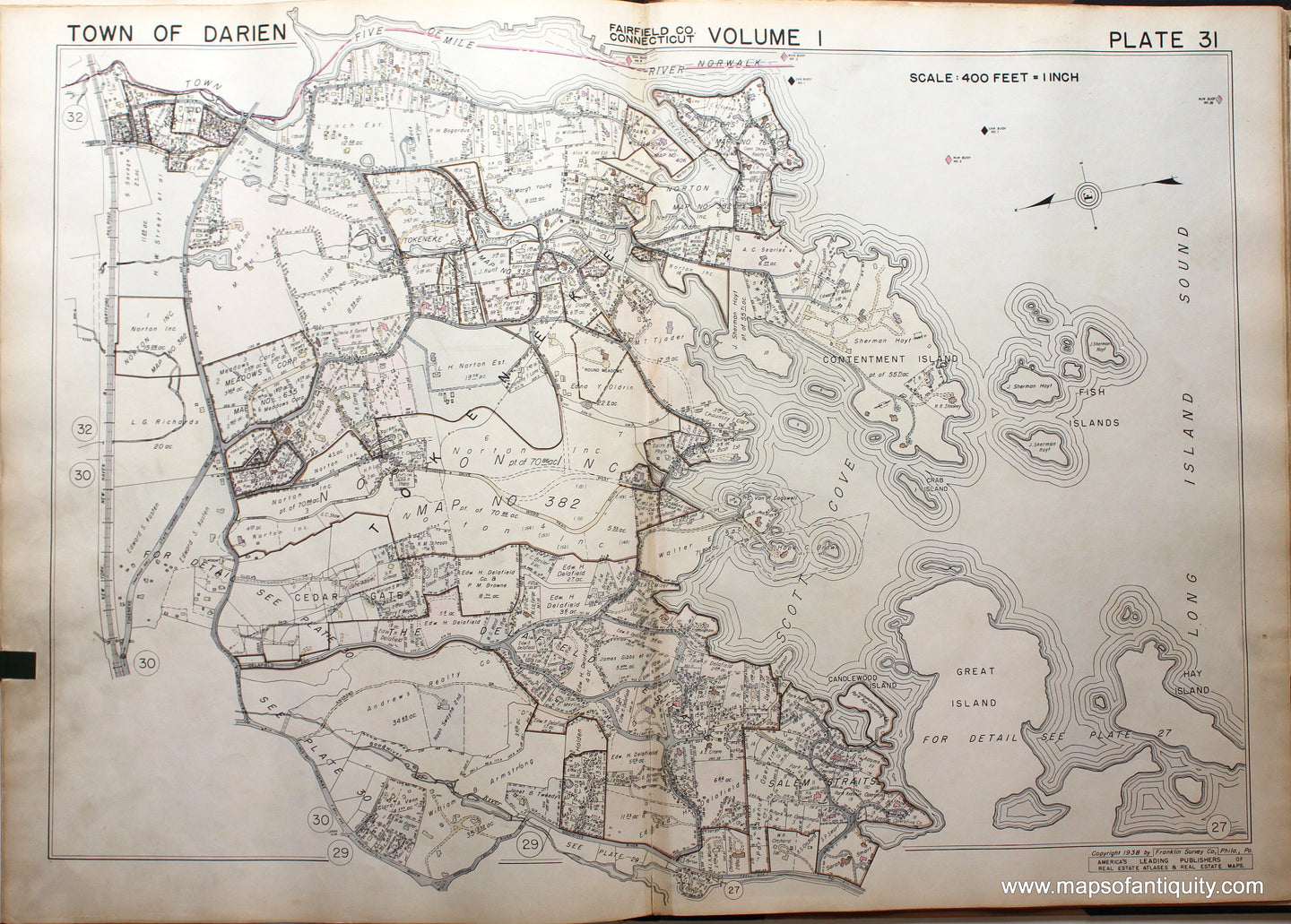 Genuine-Antique-Map-Part-of-Town-of-Darien-Fairfield-County-Connecticut-Plate-31-1938-Franklin-Survey-Company-Maps-Of-Antiquity