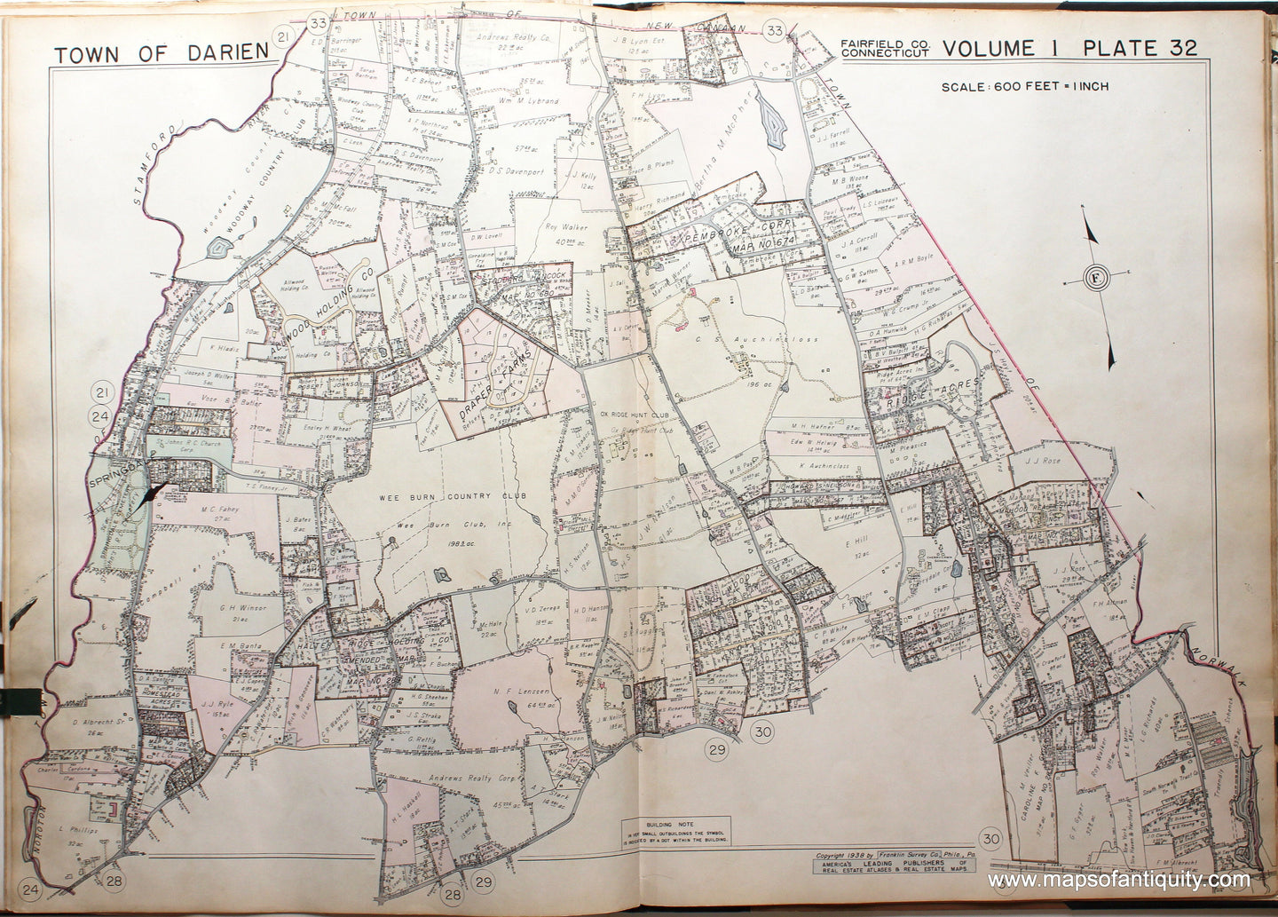 Genuine-Antique-Map-Part-of-Town-of-Darien-Fairfield-County-Connecticut-Plate-32-1938-Franklin-Survey-Company-Maps-Of-Antiquity