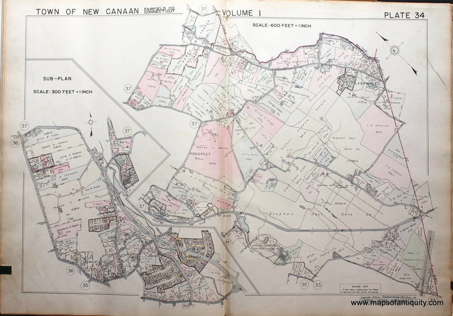 Genuine-Antique-Map-Part-of-Town-of-New-Canaan-Fairfield-County-Connecticut-Plate-34-1938-Franklin-Survey-Company-Maps-Of-Antiquity