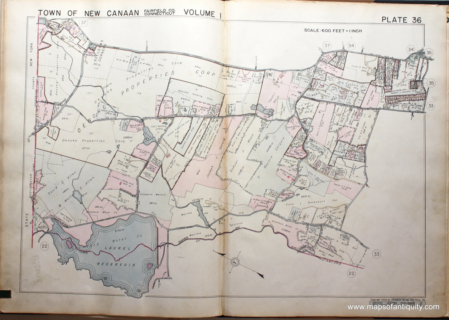 Genuine-Antique-Map-Part-of-Town-of-New-Canaan-Fairfield-County-Connecticut-Plate-36-1938-Franklin-Survey-Company-Maps-Of-Antiquity