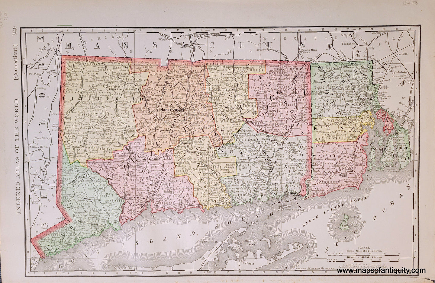 Genuine-Antique-Map-Connecticut-and-Rhode-Island-Connecticut-Rhode-Island--1898-Rand-McNally-Maps-Of-Antiquity-1800s-19th-century