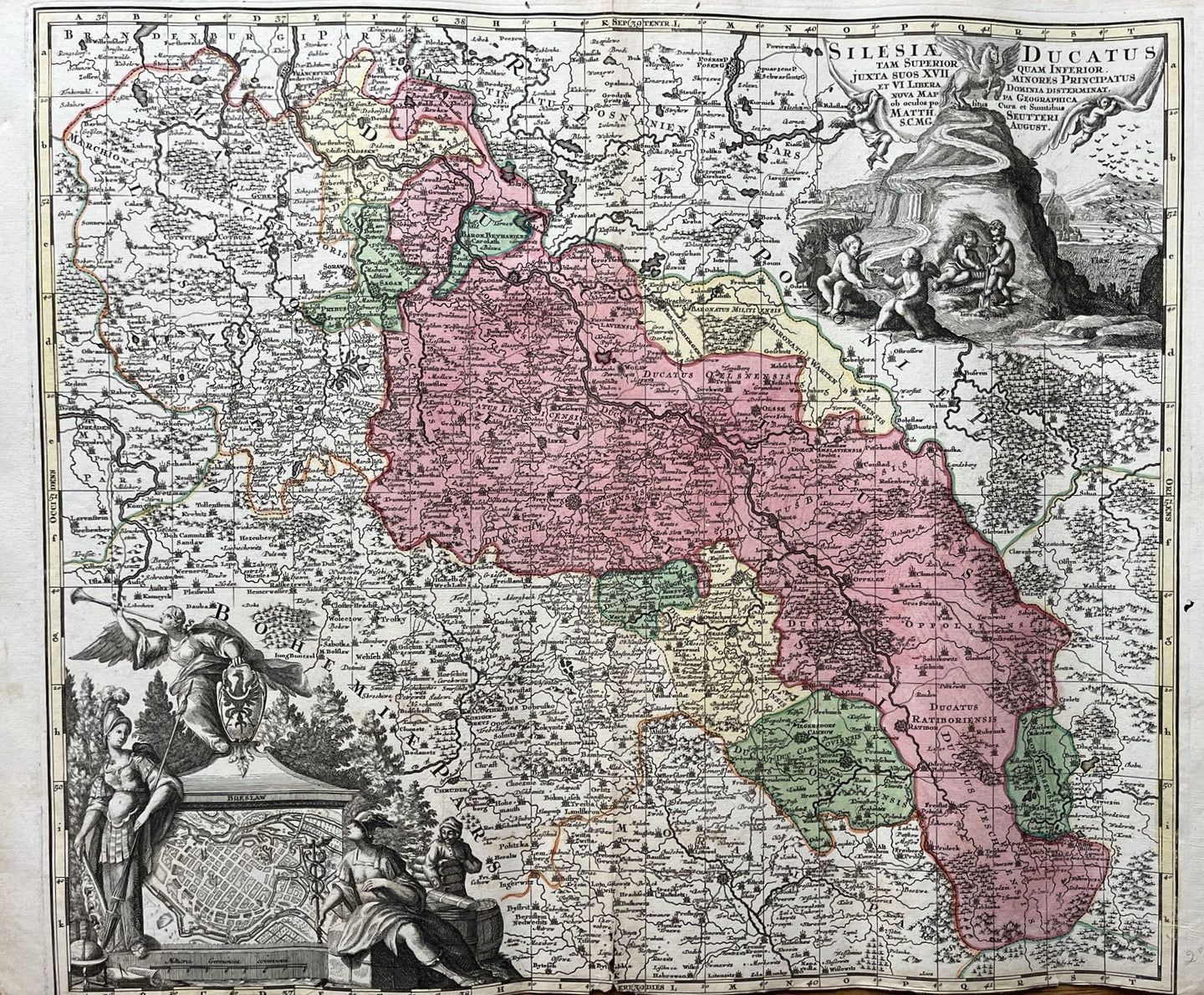 Genuine-Antique-Hand-colored-Map-Poland-Silesia-Ducatus-tam-Superior-quam-Inferior-juxta-sous-XVII-minores-Principatus-et-VI-Libera-Dominia-Disterminay-Nova-Map---Seutter-Maps-Of-Antiquity