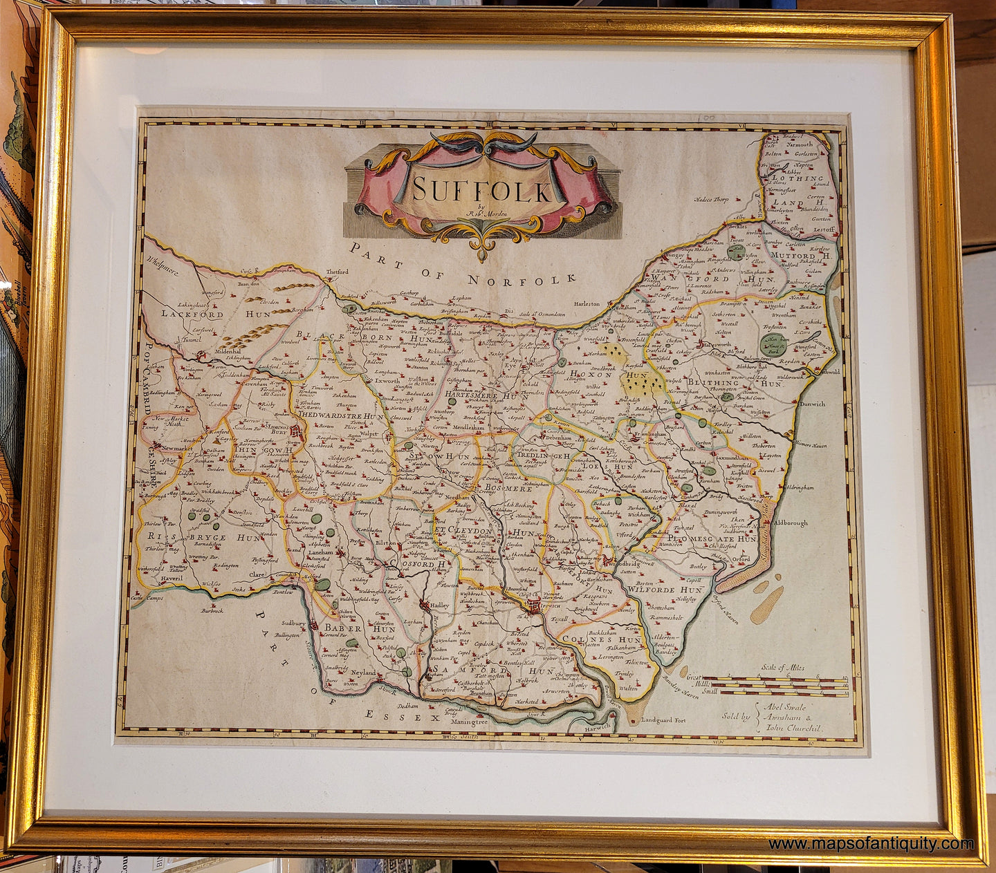 Genuine-Antique-Map-Suffolk-framed---England-1695-1722-Morden-Maps-Of-Antiquity