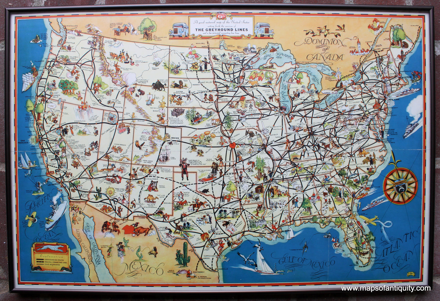 Antique-Map-Pictorial-A-good-natured-map-of-the-United-States-setting-forth-the-services-of-the-Greyhound-Lines-and-a-few-principal-connecting-bus-lines-1935-Pacific-Greyhound-LinesMaps-of-Antiquity
