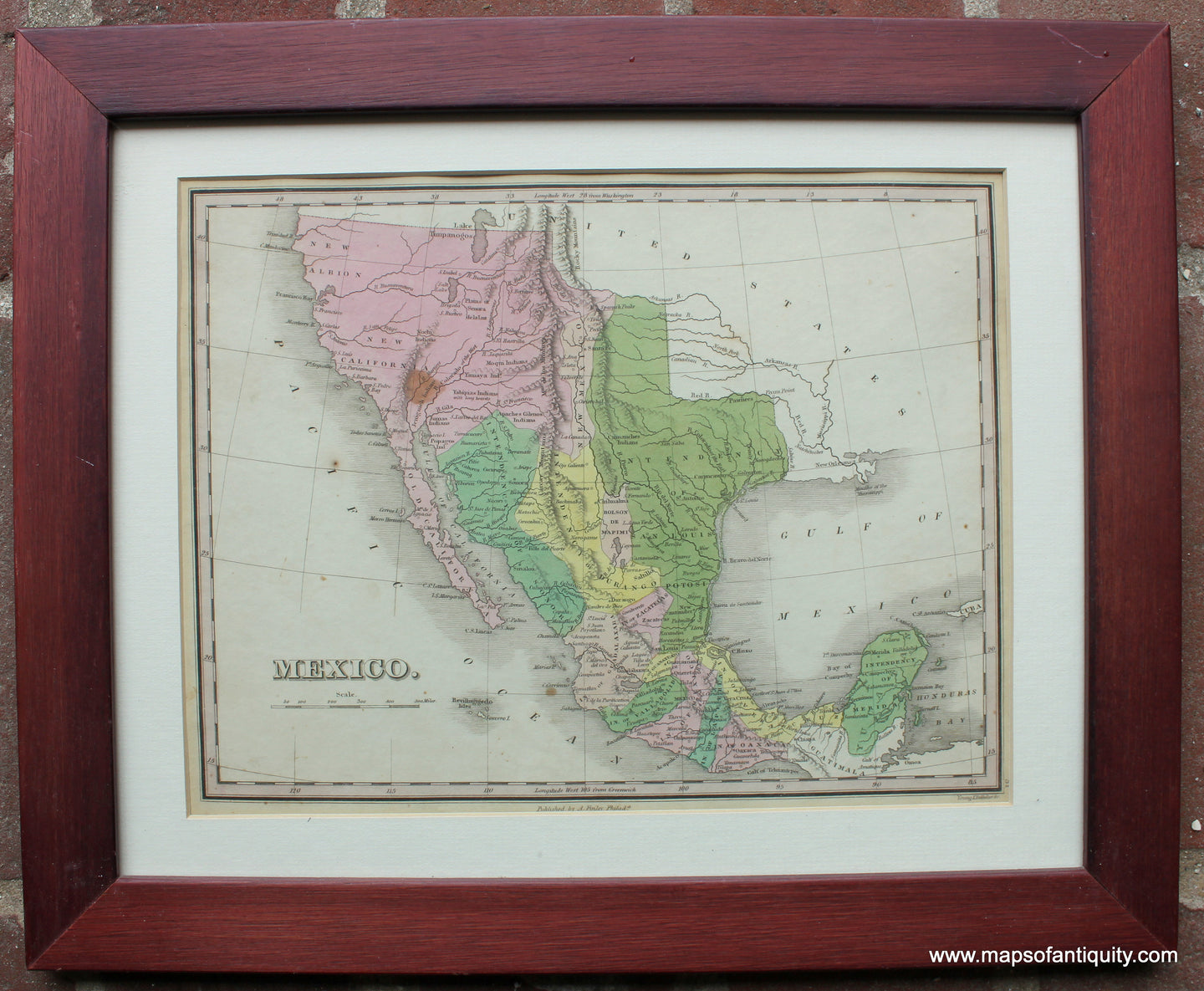 Framed-Antique-Hand-Colored-Map-Mexico.-North-America-Mexico-1827-Finley-Maps-Of-Antiquity