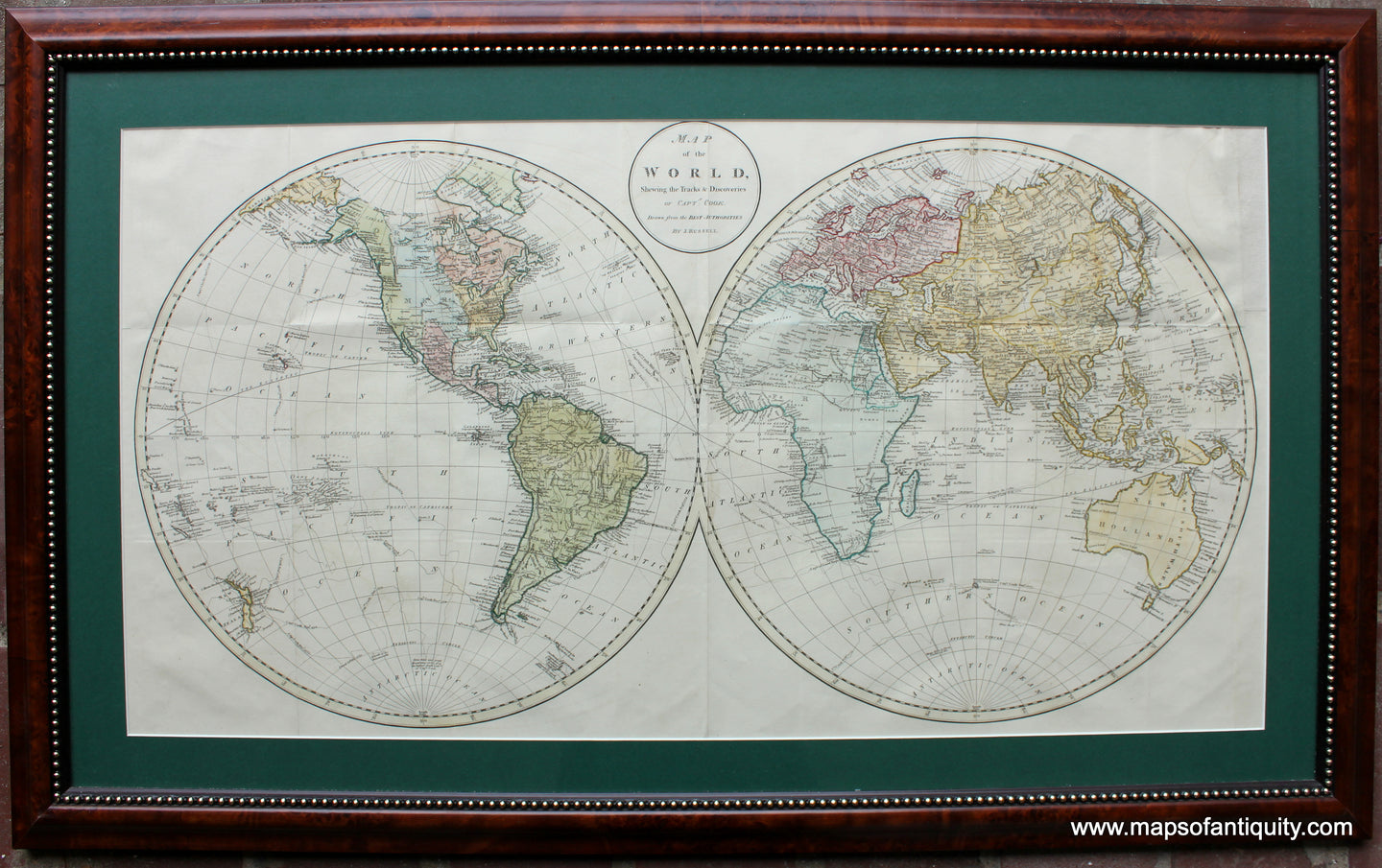 Framed-Antique-Hand-Colored-Map-Map-of-the-World-Shewing-the-Tracks-&-Discoveries-of-Captain-Cook-**********-World--1799-J.-Russell-Maps-Of-Antiquity
