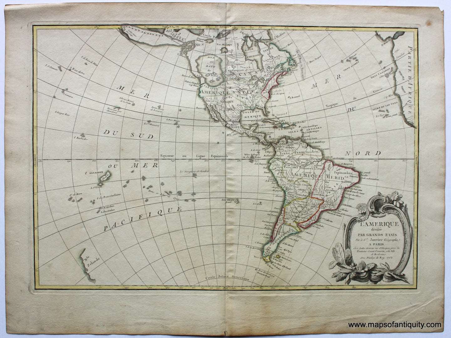 Antique-Hand-Colored-Map-L'Amerique-divisee-par-Grands-Etats-**********-North-America--1762-Janvier-Maps-Of-Antiquity