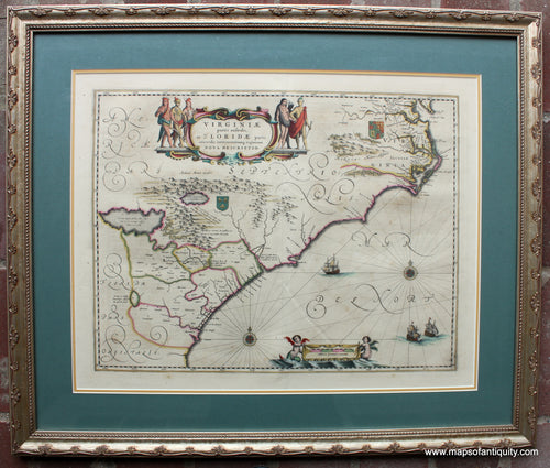 Framed-Antique-Hand-Colored-Map-South-Eastern-US---Virginiae-Partis-Australis-et-Floridae-United-States--1640-Blaeu-Maps-Of-Antiquity