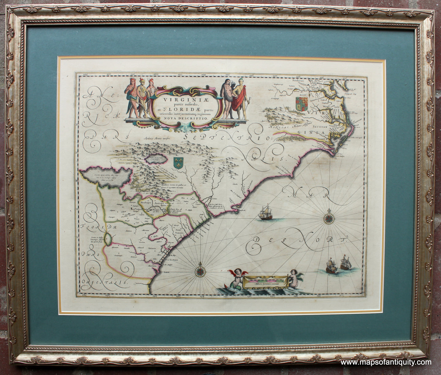 Framed-Antique-Hand-Colored-Map-South-Eastern-US---Virginiae-Partis-Australis-et-Floridae-United-States--1640-Blaeu-Maps-Of-Antiquity