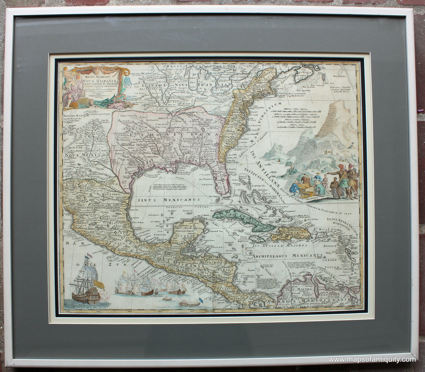 Framed-Antique-Hand-Colored-Map-North-America---******-Regni-Mexicani-seu-Novae-Hispaniae-Floridae-Novae-Angliae-Carolinae-Virginiae-et-Pensylvaniae-nec-non-Insularum-Archipelagi-Mexicani-in-America-Septentrionali-Accurata-Tabula-North-America--1715-Homann-Maps-Of-Antiquity