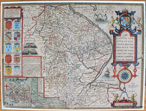 Antique-Hand-Colored-Map-The-Countie-And-Citie-of-Lyncolne-Described-With-The-Armes-of-Them-That-Have-Bene-Earles-Thereof-since-the-Conquest-C.-1612-1616-Speed-/-Hondius-England-1600s-17th-century-Maps-of-Antiquity
