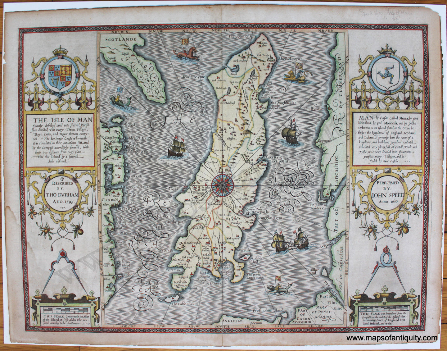 Antique-Hand-Colored-Map-Isle-of-Man-Exactly-described-and-the-several-Parish:shes-divided-with-every-Towne-Village-Baye-Creke-and-River-therein-conteyned-.-.-.-C.-1612-1616-Speed-England-1600s-17th-century-Maps-of-Antiquity