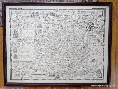 Framed-Antique-Uncolored-Pictorial-Map-Boston-(Massachusetts)-and-Vicinity-Massachusetts-Boston-1938-Ernest-Dudley-Chase-Maps-Of-Antiquity-1800s-19th-century