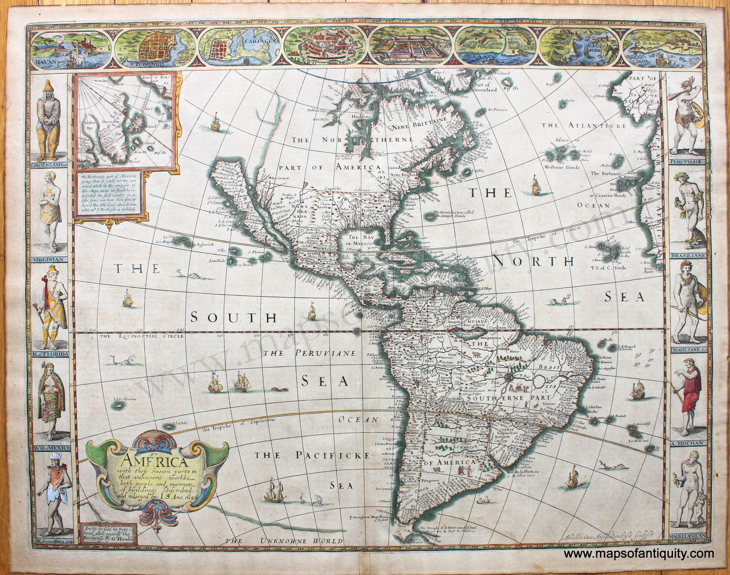 Genuine-Antique-Hand-Colored-Map-America-with-those-known-parts-in-that-unknown-worlde--both-people-and-manner-of-buildings-described-and-inlarged-by-I.S.-Ano-1626-1627-John-Speed-Maps-Of-Antiquity-1800s-19th-century