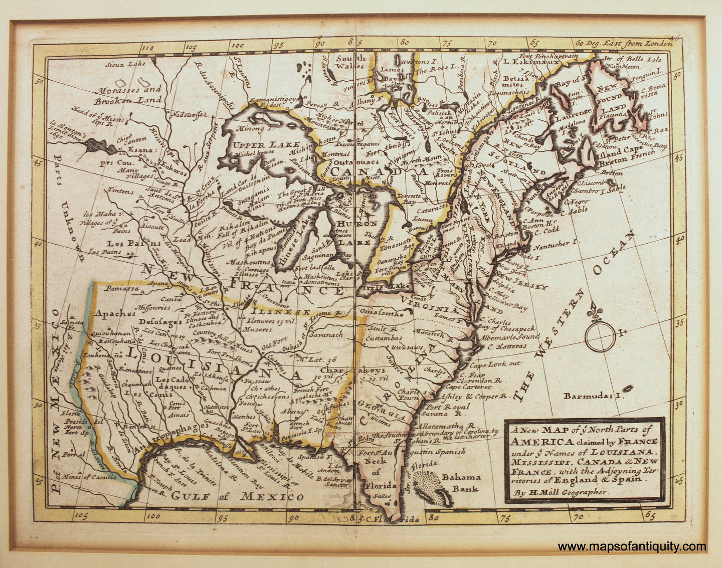 Genuine-Antique-Map-A-New-Map-of-ye-North-Parts-of-America-claimed-by-France-under-ye-Names-of-Louisiana-Mississippi-Canada-&-New-France.-With-the-Adjoining-Territories-of-England-&-Spain.-By-H.-Moll-Geographer-1735-Moll-Maps-Of-Antiquity