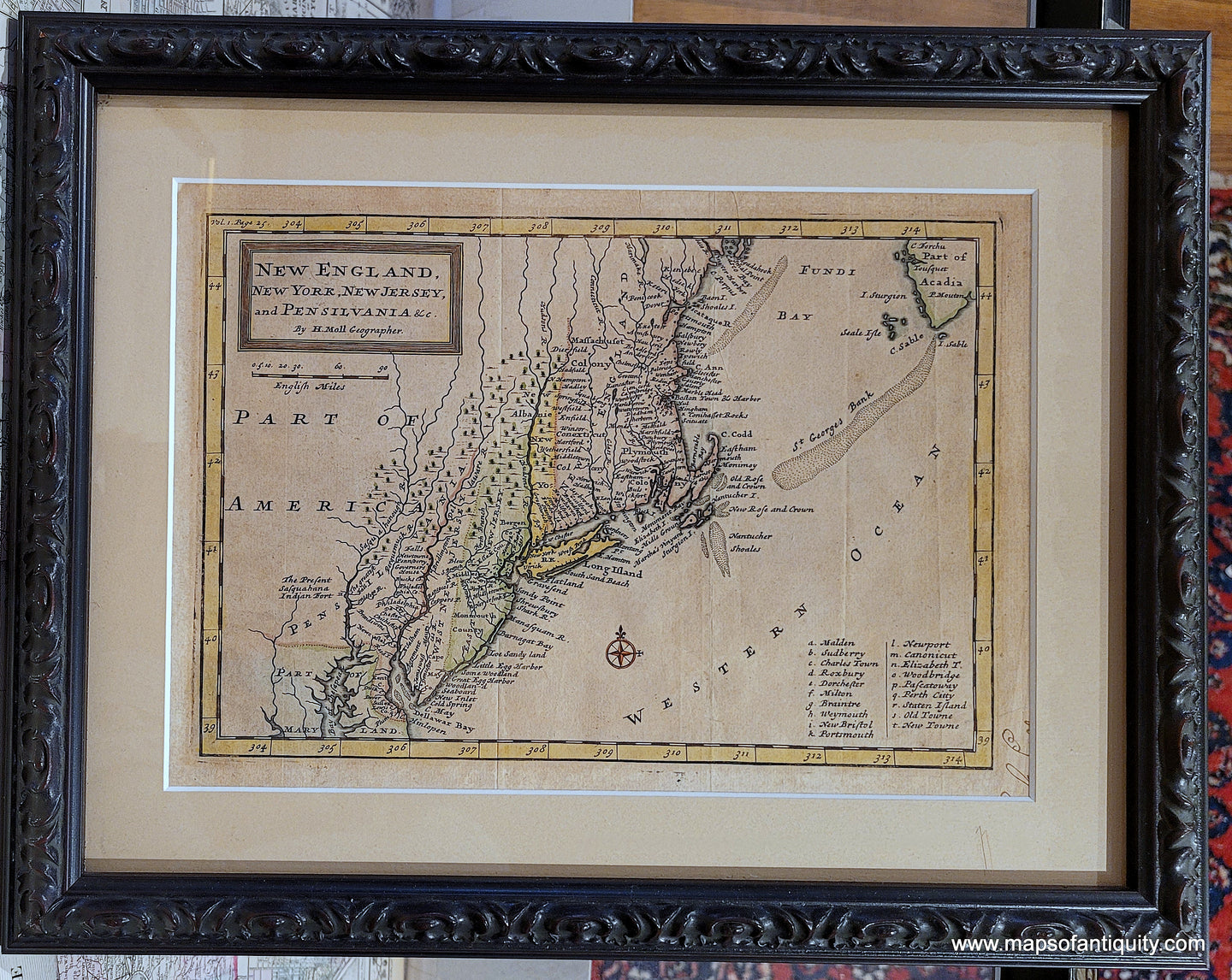 Genuine-Antique-Map-New-England-New-York-New-Jersey-and-Pensilvania-1708-Moll-Maps-Of-Antiquity