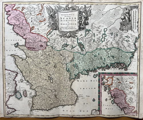 Genuine-Antique-Hand-colored-Map-Descriptio-Nova-et-Accurata-Scaniae-Blekingiae-et-Hallandiae---Blekinge-Sweden--Seutter-Maps-Of-Antiquity