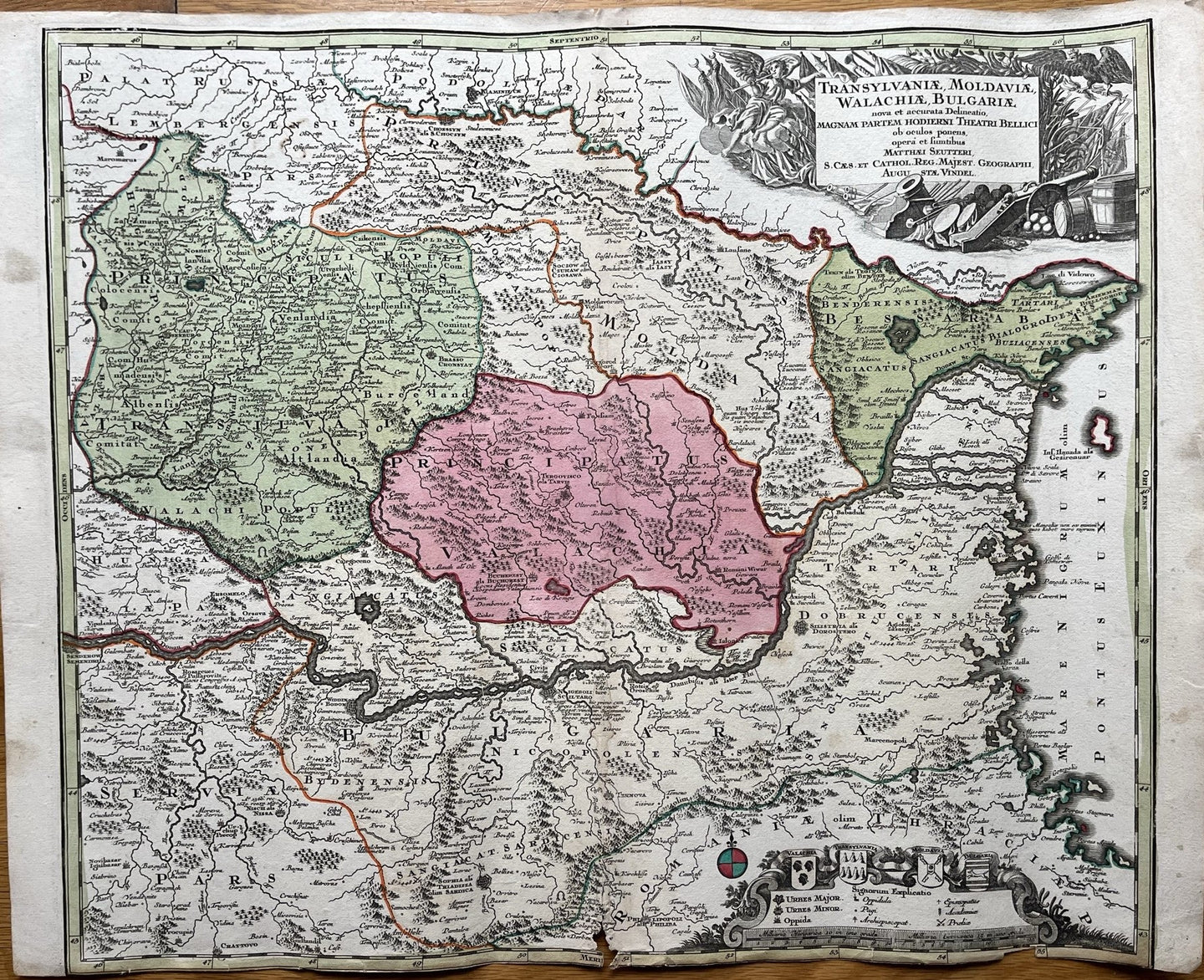 Genuine-Antique-Hand-colored-Map-Transylvaniae-Modaviae-Walchiae-Bulgariae--Seutter-Maps-Of-Antiquity