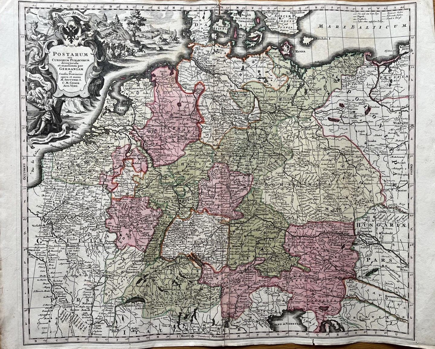 Genuine-Antique-Hand-colored-Map-Postarum-seu-Cursorum-Publicorum-et-Consin-Provincias----Germany-and-neighbors--Seutter-Maps-Of-Antiquity