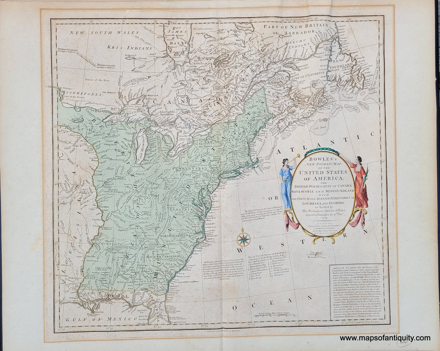 Genuine-Antique-Map-Bowles-s-New-Pocket-Map-of-the-United-States-of-America-the-British-Possessions-of-Canada-Nova-Scotia-and-Newfoundland-with-the-French-and-Spanish-Territories-of-Louisiana-and-Florida-as-Settled-by-The-Preliminary-Articles-of-Peace-Signed-at-Versailles-the-20th-Jany-1783-1784-Bowles-Maps-Of-Antiquity