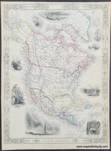 Genuine Antique Map of North America, with hand-colored boundary lines around countries, nine vignettes showing North American scenes, and decorative border. Published by Tallis in 1851.