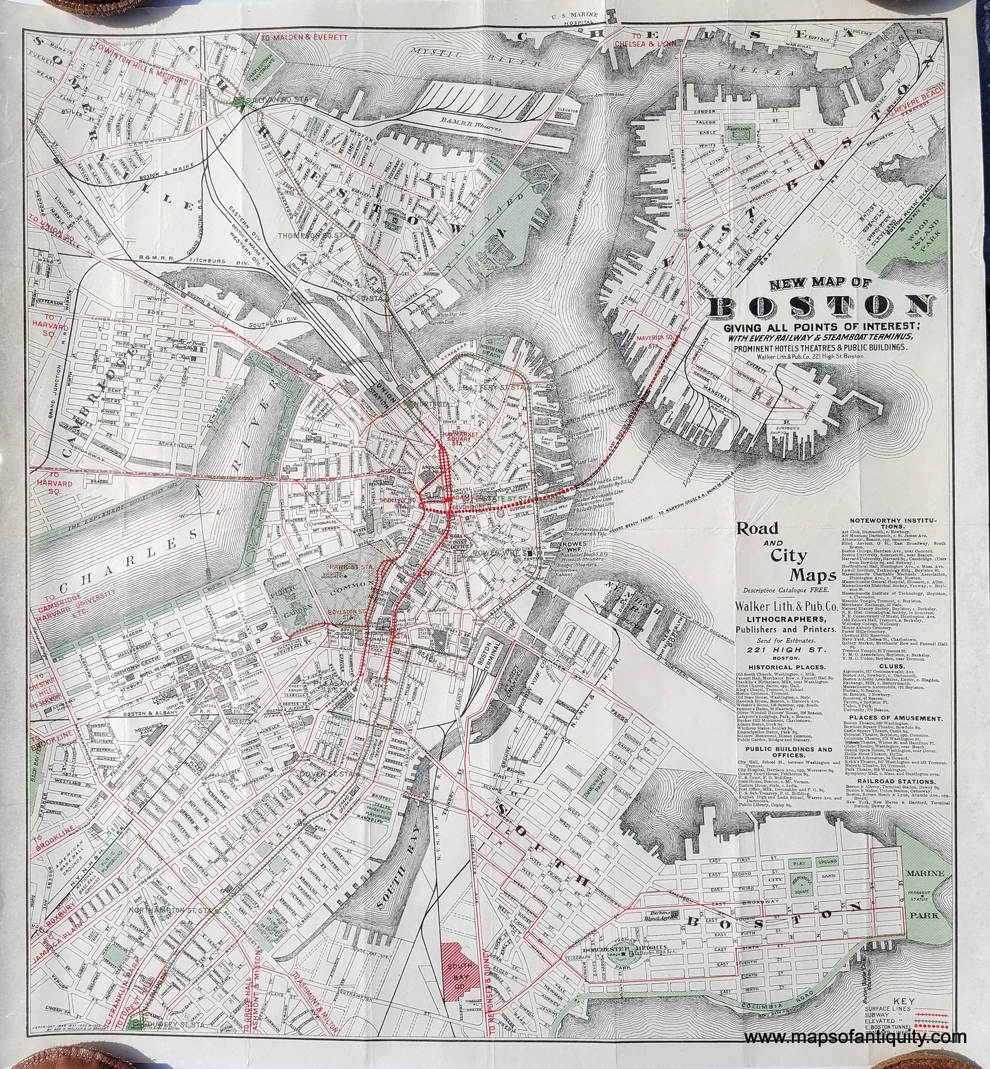 Genuine-Antique-Map-New-Map-of-Boston-Giving-all-Points-of-Interest;-with-every-Railway-Steamboat-Terminus-Prominent-Hotels-Theatres---Public-Buildings-1909-Walker-Maps-Of-Antiquity