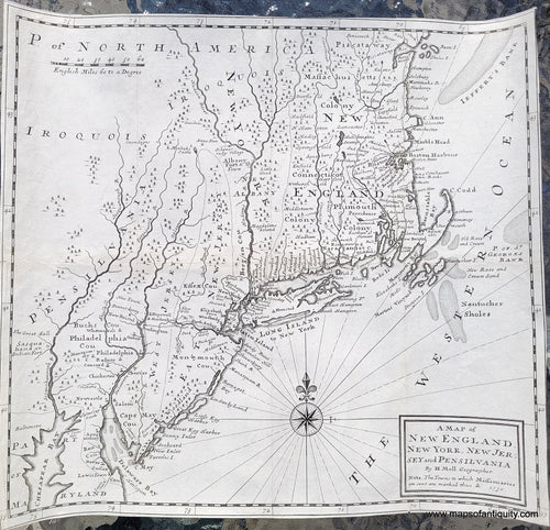 Genuine-Antique-Map-A-Map-of-New-England-New-York-New-Jersey-and-Pennsilvanie--1730-Moll-Maps-Of-Antiquity
