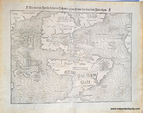 Genuine-Antique-Map-Die-Neuwen-Inseln-So-hinder-Hispanien-gegen-Orient-ven-dem-land-Indie-ligen-1550-Munster-Maps-Of-Antiquity