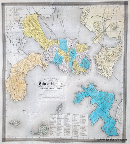 Antique map of Boston, Charlestown, South Boston, East Boston, and part of Roxbury and Cambridge, shown with north to the left of the page, with vibrant original colors of orange, blue, yellow, pink, and green to indicate parts of the city (wards). Bird Island, Governors Island, and Castle Island are at the bottom. SHows Boston's earliest railroads with tiny trains. Streets, the mill dam that eventually resulted in Back Bay. A list of important buildings and locations at bottom.