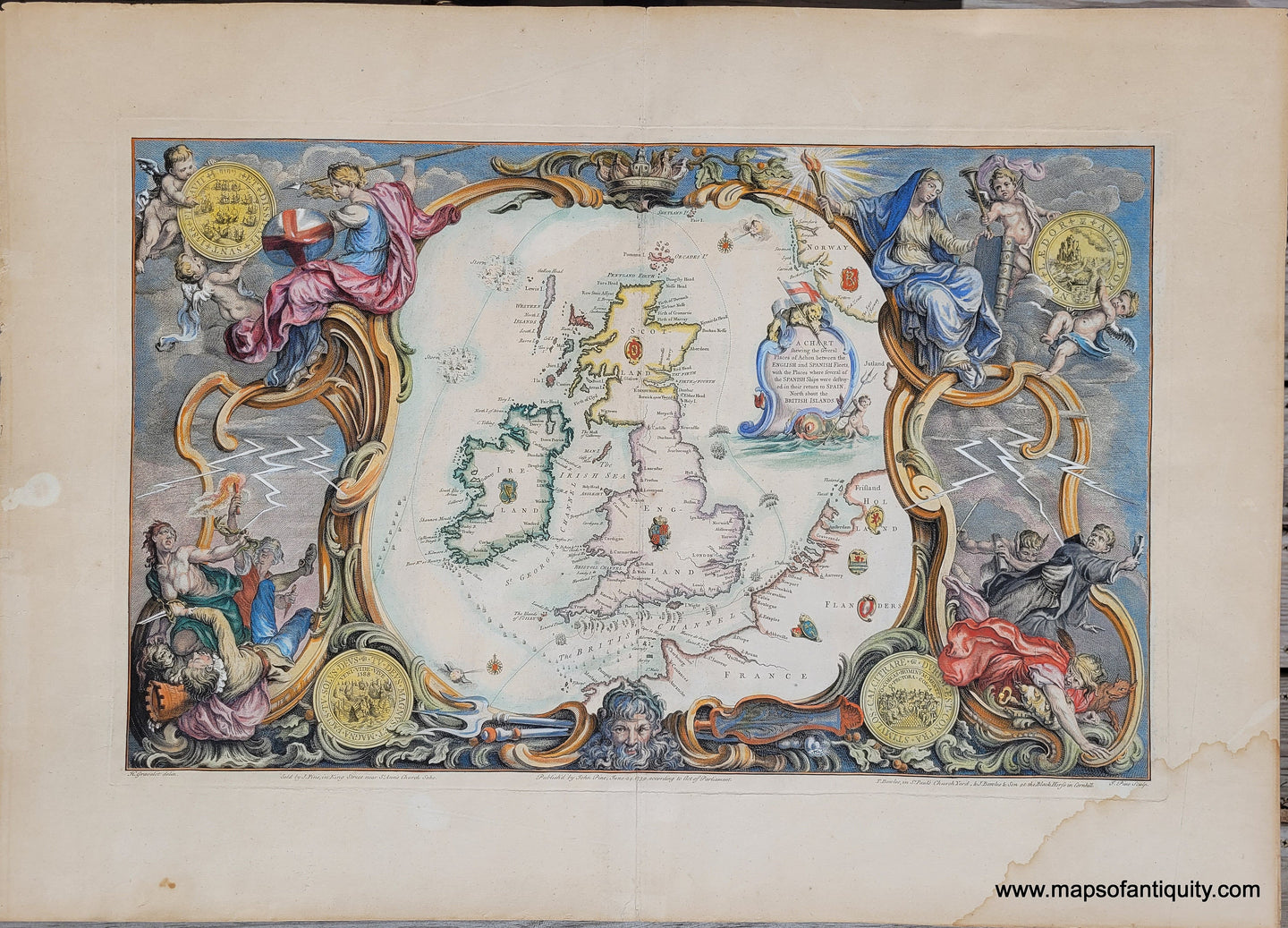Genuine-Antique-Map-A-Chart-showing-the-Several-places-of-Action-between-the-English-and-Spanish-fleets-1739-John-Pine-Maps-Of-Antiquity