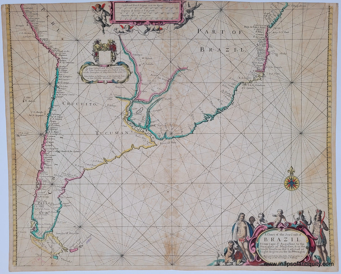 Genuine-Antique-Map-Chart-of-the-Sea-Coast-of-Brazil-1675-John-Seller-Maps-Of-Antiquity
