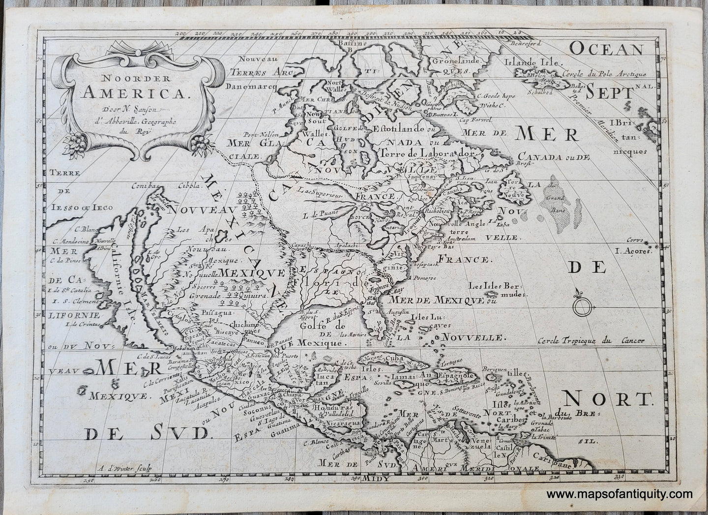 Genuine-Antique-Map-Noorder-America-1705-Sanson-Maps-Of-Antiquity