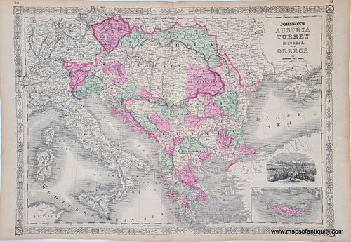 Antique-Hand-Colored-Map-Johnson's-Austria-Turkey-in-Europe-and-Greece-Europe--1861-Johnson-and-Ward-Maps-Of-Antiquity