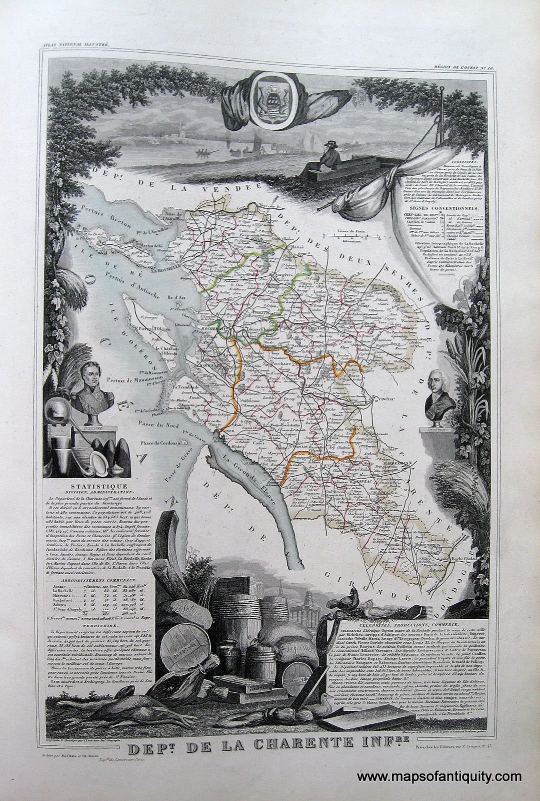 Antique-Hand-Colored-Map-Dept.-De-La-Charente-Inf.--France-1851-Levasseur-Maps-Of-Antiquity